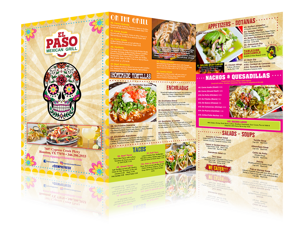 Dia de los Muertos concept, Colorful Menu Layout, Fun Menu, Trifold Menu, Menu Printing